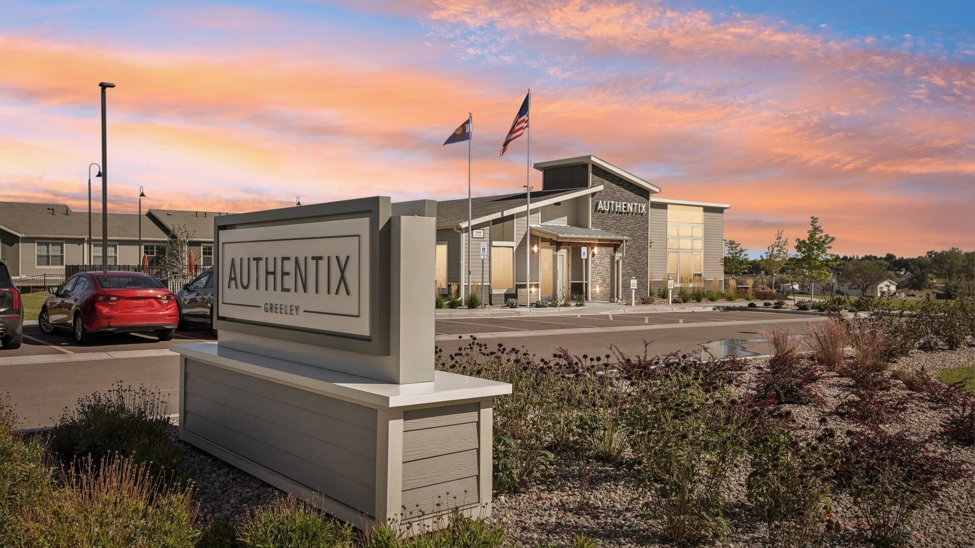 Authentix Greeley Sunset Edit Sign and Clubhouse Exterior